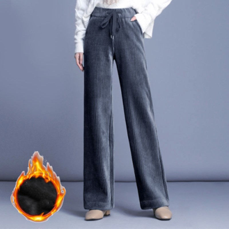 Fashion Straight Solid Pants Casual High Waist Plus Office Lady Elastic Waist Corduroy