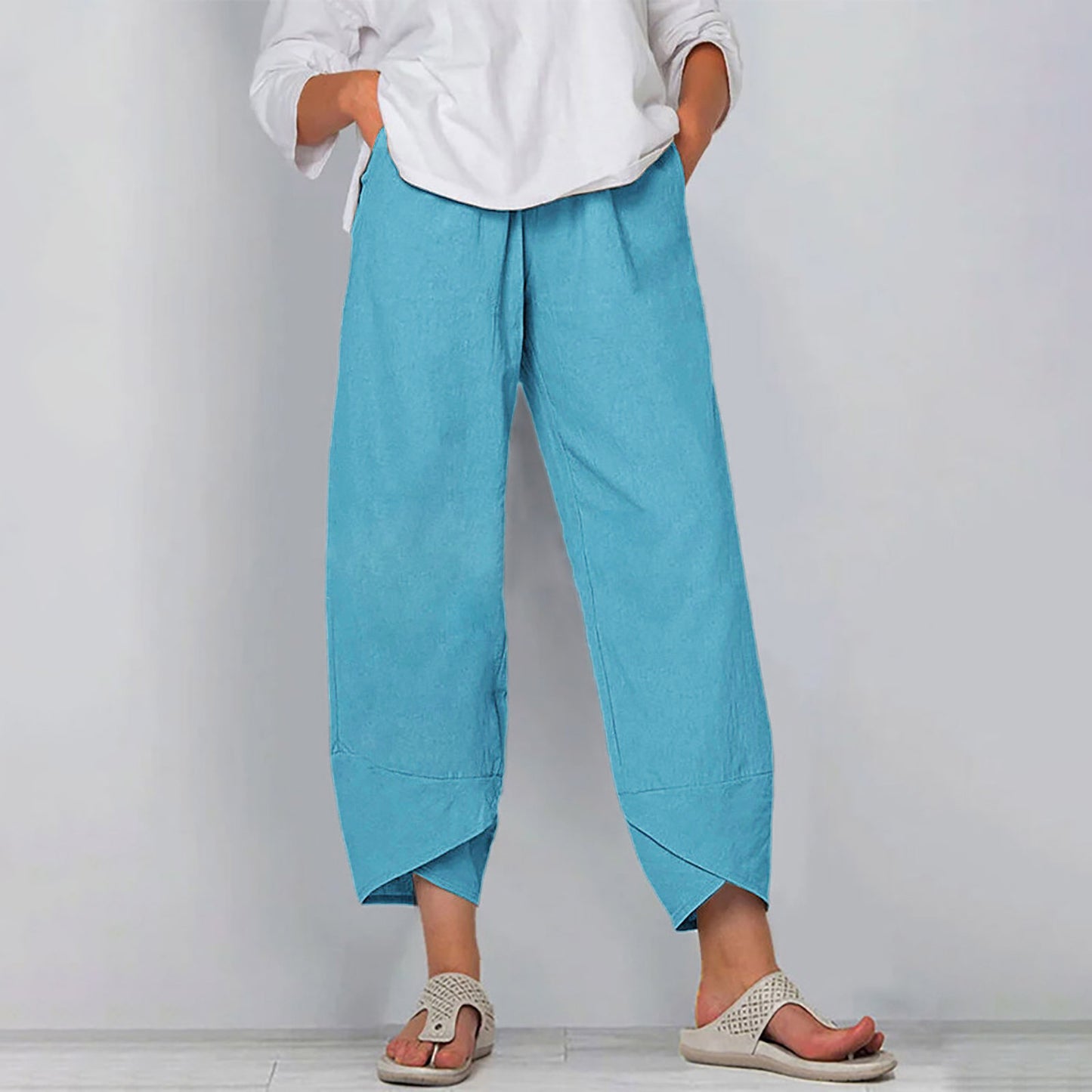 Cotton Sack Trousers With Loose Solid Color Elastic Waist And Side Pockets