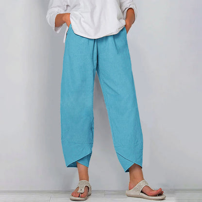 Cotton Sack Trousers With Loose Solid Color Elastic Waist And Side Pockets
