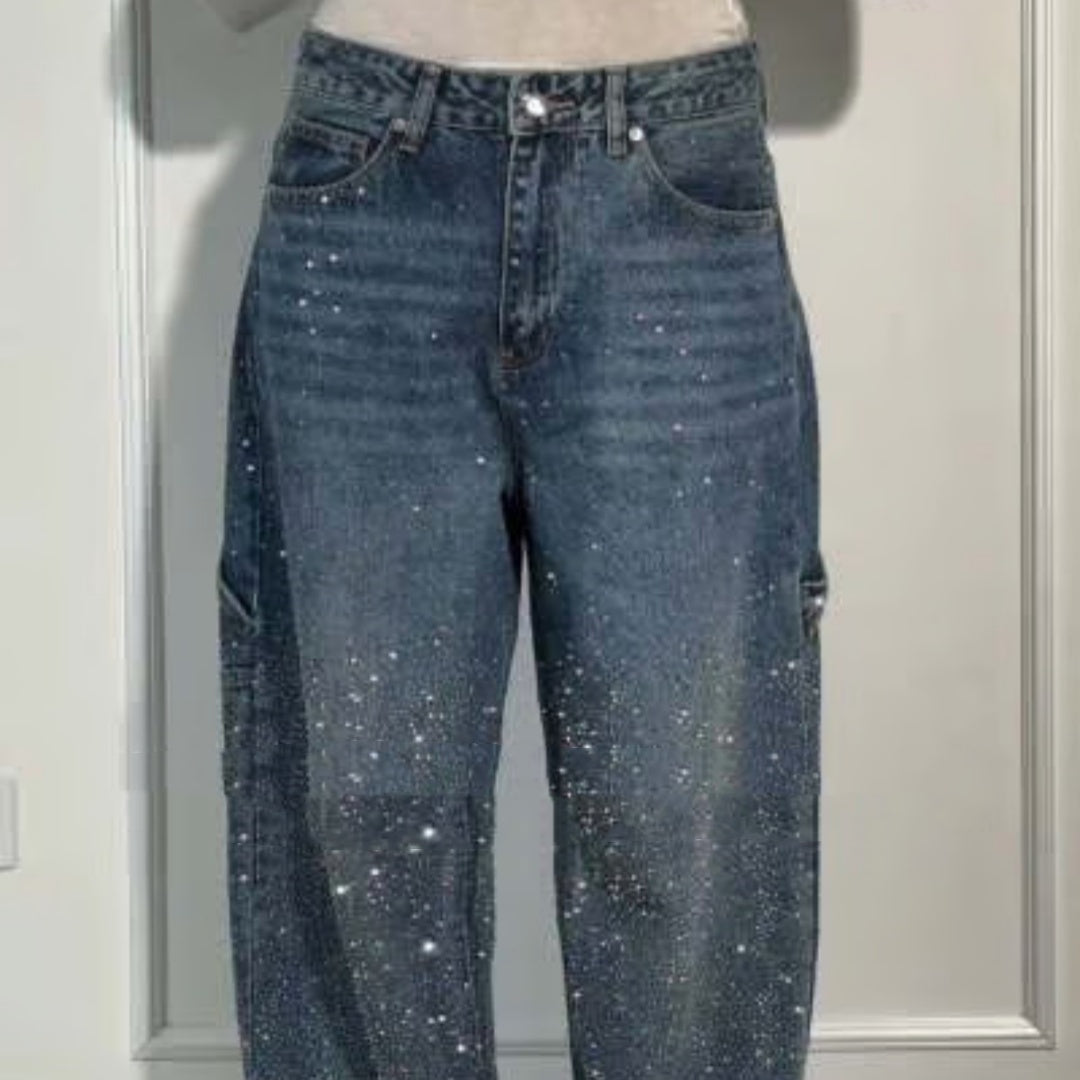 Ins Shiny Straight Jeans With Pockets Fashion Loose Wide-leg Pants For Women Street-style Trousers