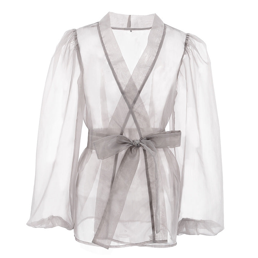 Women's Fashion Casual Sheer Mesh Shirt Coat