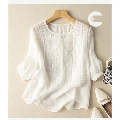 Women's Loose Embroidery Mid Sleeve Ramie Top