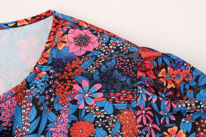 Flower Print Bowknot Decoration Short Sleeve Top Straight Casual Trousers Suit