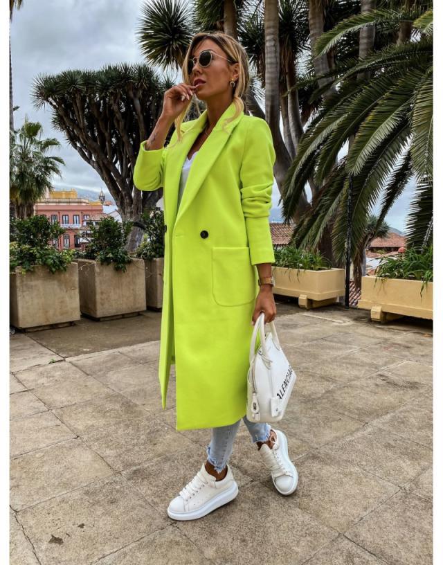 Long candy color lapel woolen coat