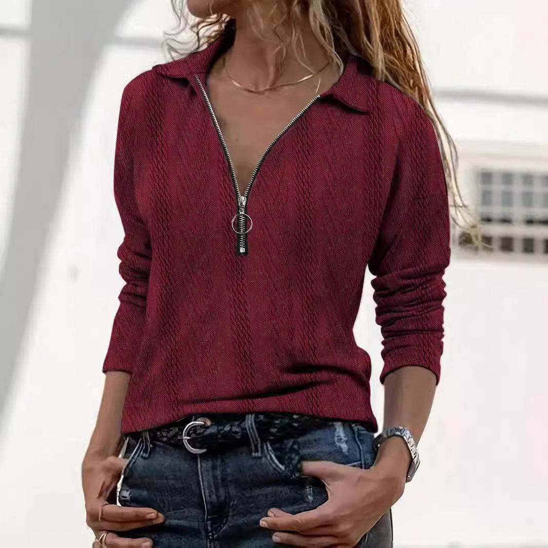 Lapel Solid Color Texture Series Zipper Women's Top