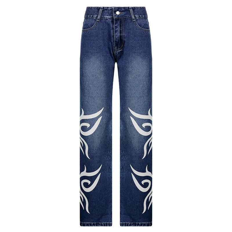 Loose Trousers Low-rise Pleated Heart-print Washed Jeans