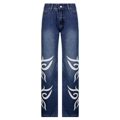 Loose Trousers Low-rise Pleated Heart-print Washed Jeans