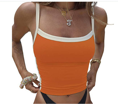 Basic Model Clashing Color Patchwork One-piece Neck Small Camisole Top