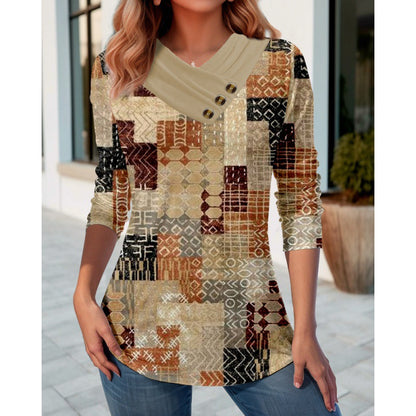 New Women's Clothing Cross-border Foreign Trade Casual 3D Printing V-neck Long Sleeve Top