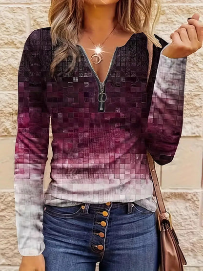 Women's Casual Loose Contrast Striped Half Zipper Top
