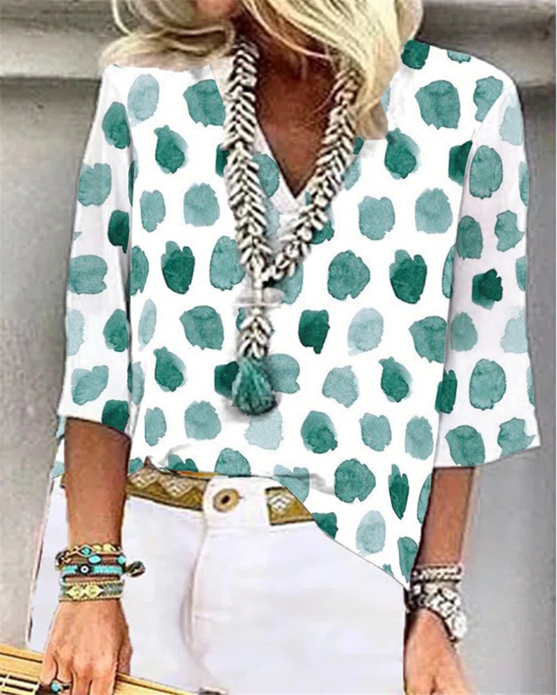 V-Neck Dot Print Loose Casual Shirt Top