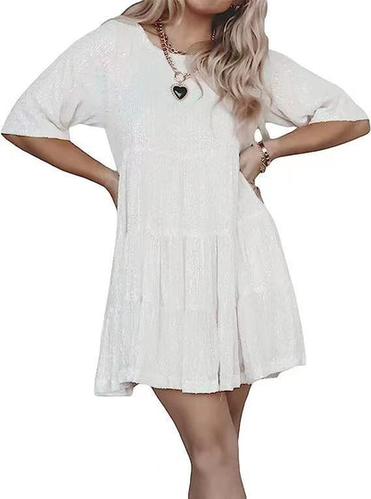 Fashionable Sequins Round Neck Loose Waist Short Sleeves And Skirt Dress