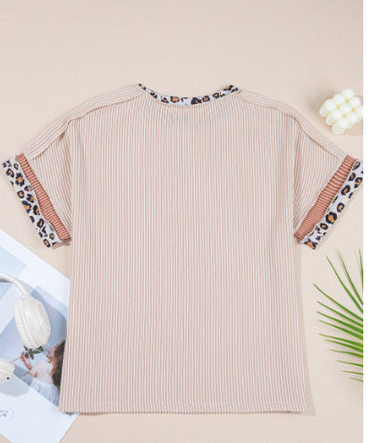 Jet Stream Leopard Patchwork Corded Knit Crew Neck T Shirt