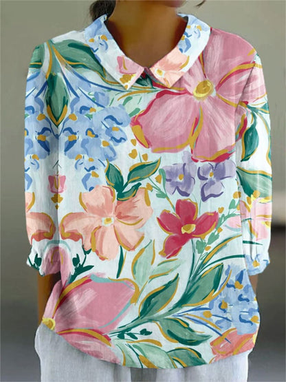 Ladies Flower Fashion Personality Polo Collar Top