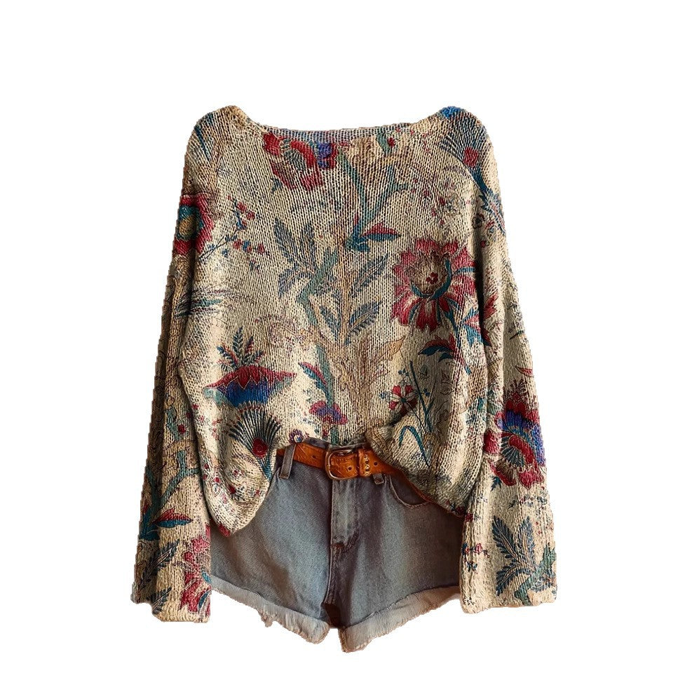 Women's Printed Loose Retro Long-sleeved Brushed Top