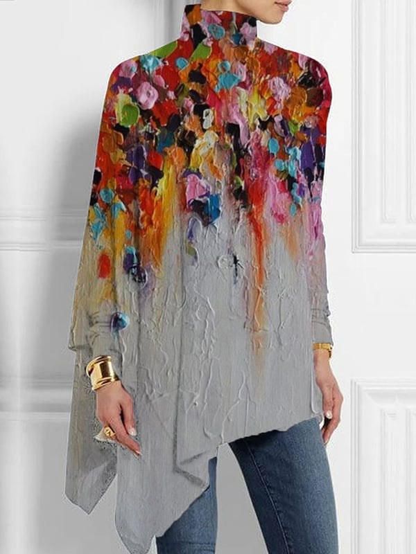 Christmas Abstract 3D Printed Loose Turtleneck Urban Casual Women's T-shirt