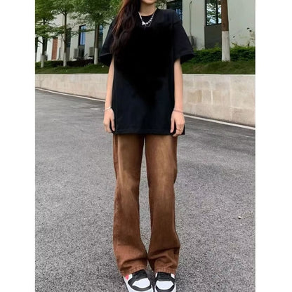 American Retro Brown Straight-leg Denim Pants