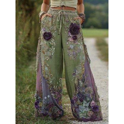 3D Floral Print Pattern Elegant Straight Women's Trousers