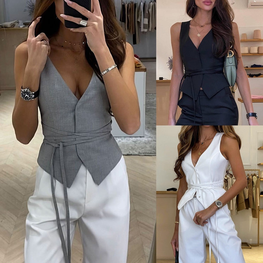 Lace Up Casual Women's Tops INS Vacation Loose Vest