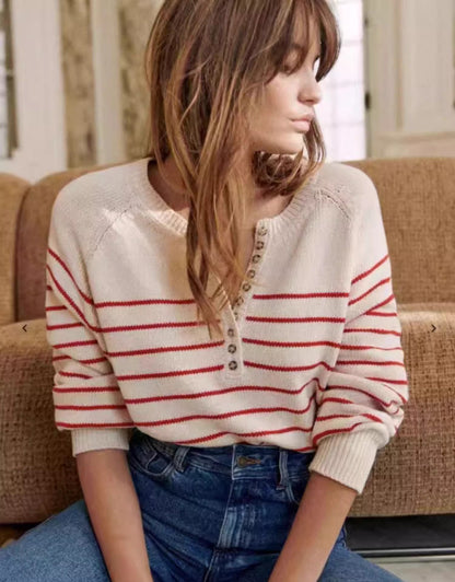 Women's Fashion Vintage Button Striped Long Sleeve Round Neck Puff Sleeve Sweater