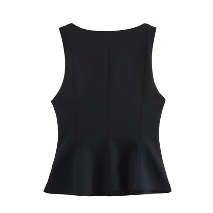 Pleated Slim-fit Square Collar Sleeveless Small Top