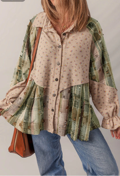 Oatmeal Bohemian Floral Plaid Top