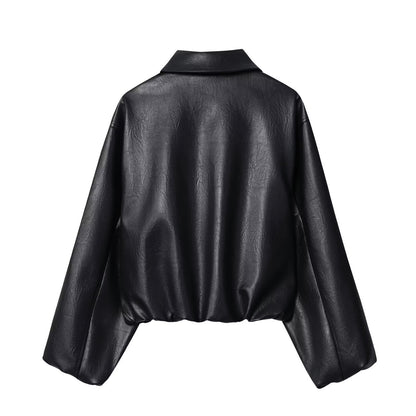 Lapel Long Sleeve PU Zipper Jacket Baseball Uniform Jacket