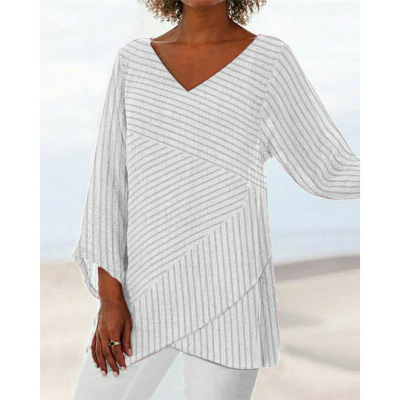 V-neck solid color cross stripes women's long sleeve top