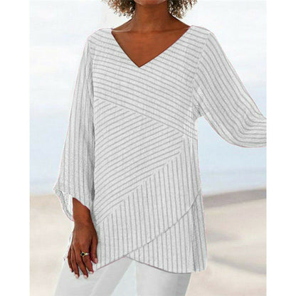 V-neck solid color cross stripes women's long sleeve top