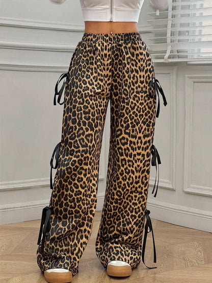 Elastic Waist Solid Color Bow Lace Up Casual Straight-leg Pants