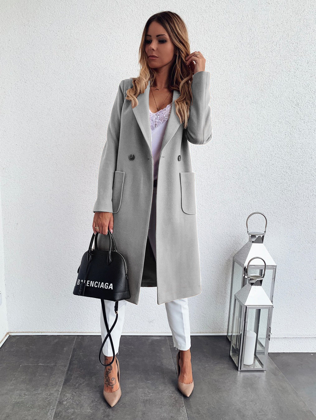 Long candy color lapel woolen coat