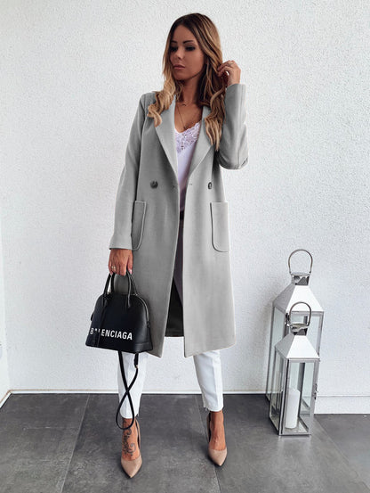 Long candy color lapel woolen coat