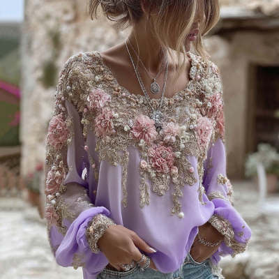 Printed Women's Round Neck Long Sleeve Vintage Bohemian Top