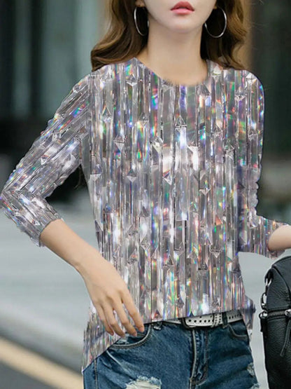 Women's Long Sleeve T-Shirt 3D Printing Shiny Diamonds