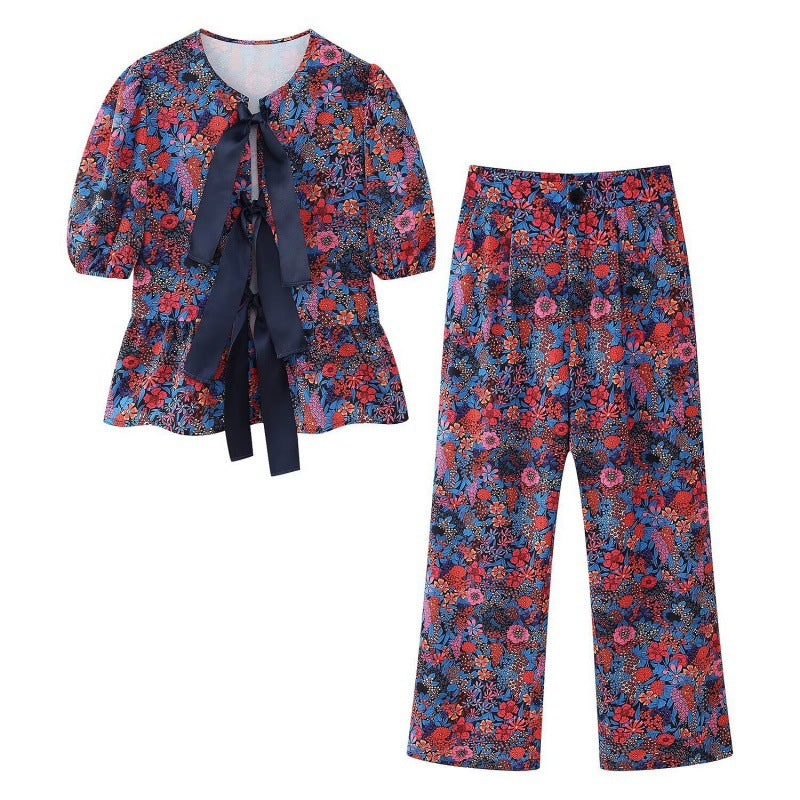 Flower Print Bowknot Decoration Short Sleeve Top Straight Casual Trousers Suit