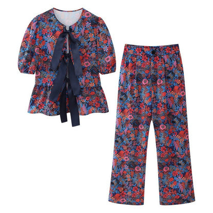 Flower Print Bowknot Decoration Short Sleeve Top Straight Casual Trousers Suit