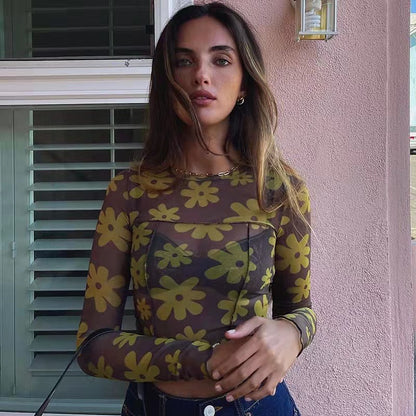 Women's Fashion Round Neck Slim-fitting Patchwork Printed Long Sleeve