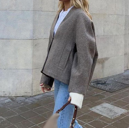 Women's V-neck Long Sleeve Button Short Coat