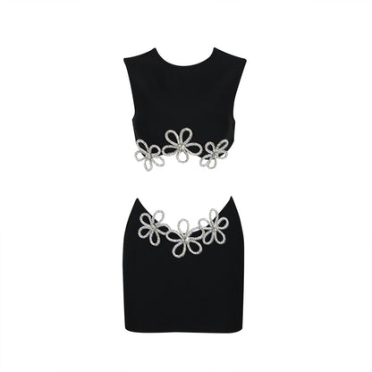 Women's Fashion Cutout Sleeveless Rhinestone Top Skirt Suit Bandage