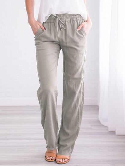 Cotton and Linen Drawstring Loose Casual Wide-Leg Trousers