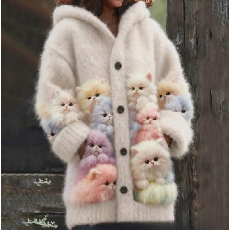 New Cat Pattern 3D Printed Casual Hooded Cape Jacket