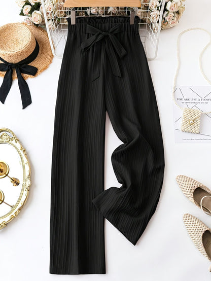 Women's Wide Leg Solid Color Casual Polyester Pant Belt Bow Detail