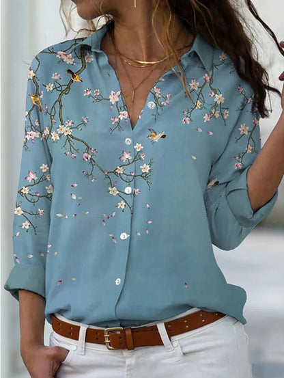 Long Sleeve Floral Collar Loose Casual Shirt