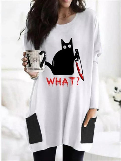 New Christmas Print Women's Fashion Pocket T-shirt Long