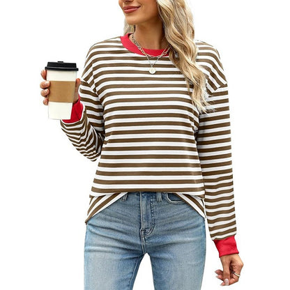 Fashion Color Contrast Loose Round Neck Striped Long Sleeve