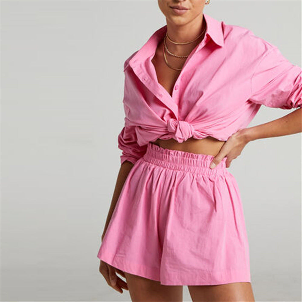 Solid Single Breasted Long Sleeve Lapel Shirt Shorts