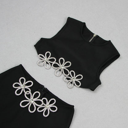 Women's Fashion Cutout Sleeveless Rhinestone Top Skirt Suit Bandage