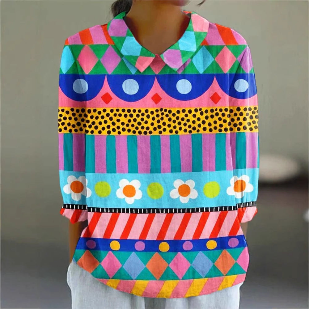 Ladies Flower Fashion Personality Polo Collar Top