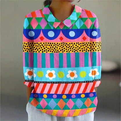 Ladies Flower Fashion Personality Polo Collar Top