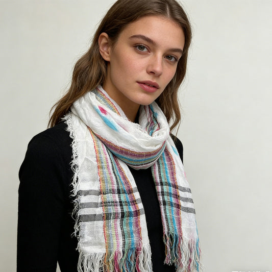 2pcs Colorful Striped Square Scarf With Fringes,Luxe Look For Evening Wear,Scarf,vacation,daily Life,evening Party,Office Appropriate Subtlety For Women Men